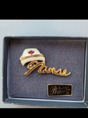 Vintage Goldtone AJC American Jewelry Chain Nurses Have Patients Brooch Pin